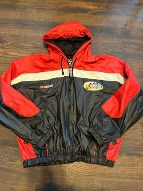 Vintage Essex NASCAR Racing Hooded Windbreaker Jacket Red Black Colorblock